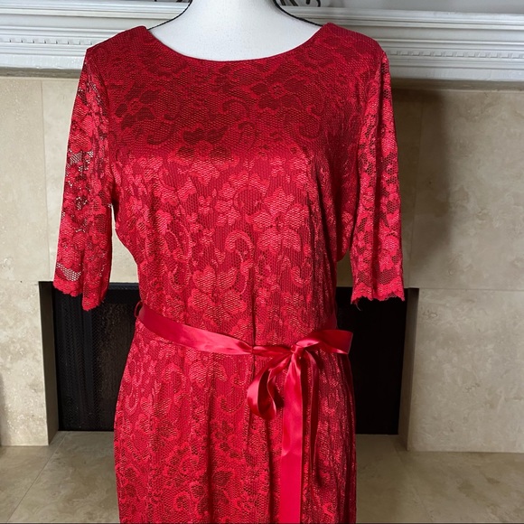 Leslie Fay Stretch Lace Illusion Tie Waist A-Line Gown Red Dress Size 12 - Picture 3 of 13
